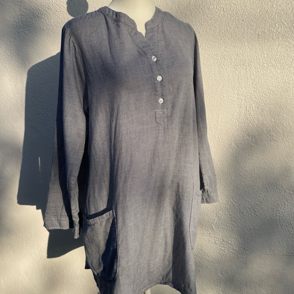 Self + Service 100% Organic Cotton Tunic Top Blue White Pockets Boho Sz  Large